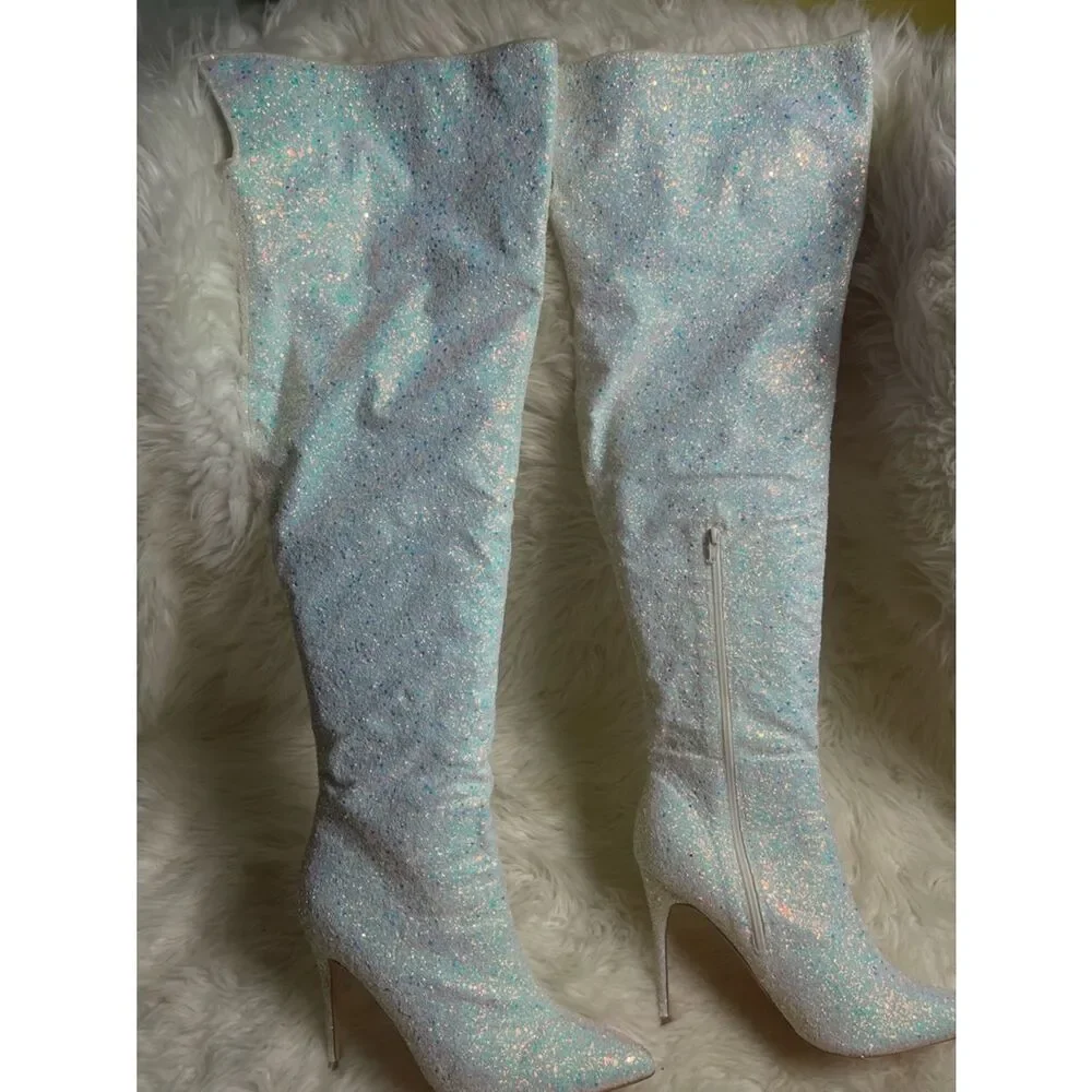 Pleaser Courtly 3015 synthetic white Iridescent glitter over the knee boots SZ13